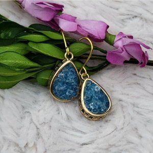 Blue Druzy Dangle Drop Gold Tone Earrings 1.25"